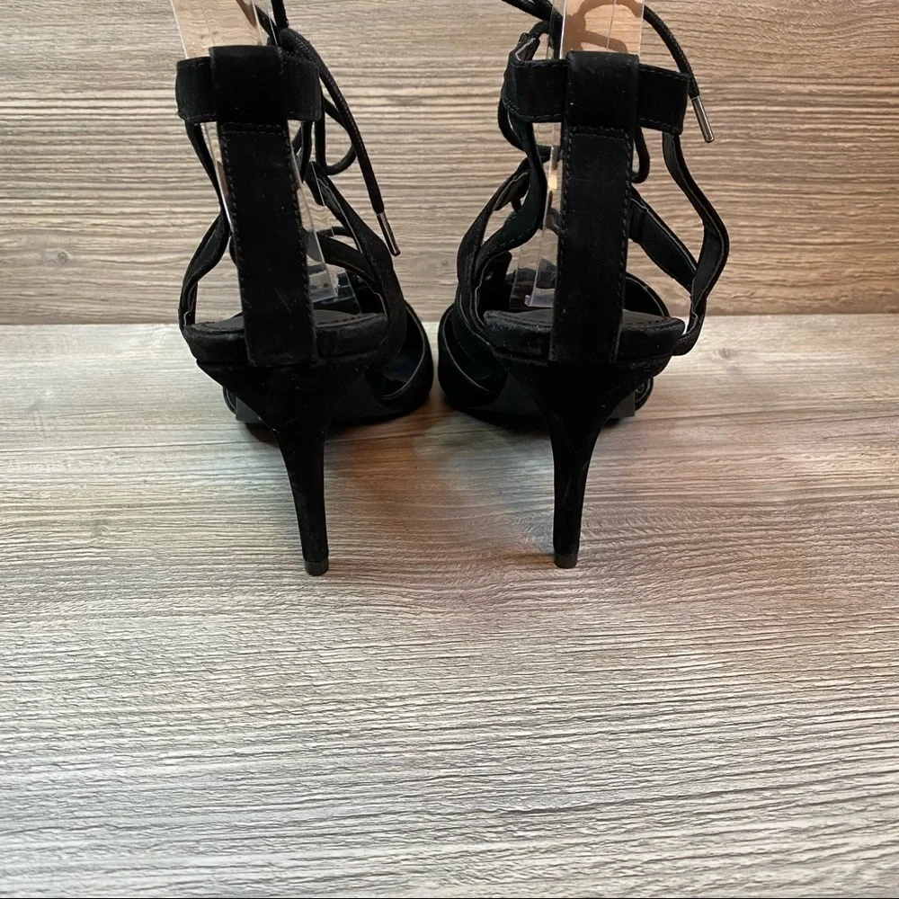 Black velvet pointy lace up heels